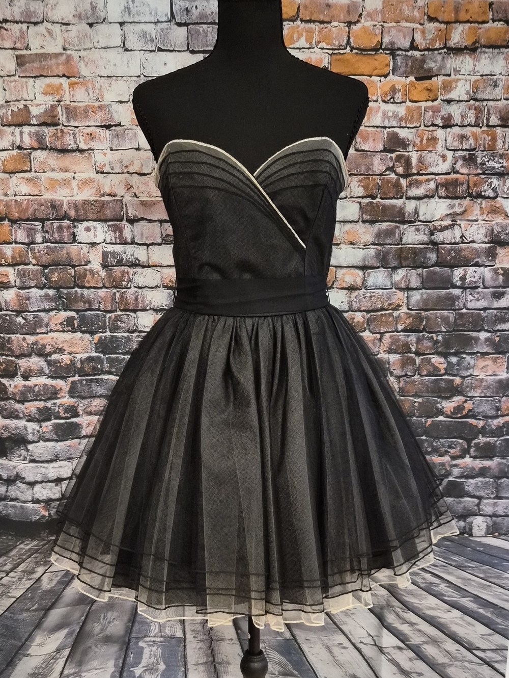 Betsey Johnson Black Strapless Tulle Dress with Pale Pink Trim